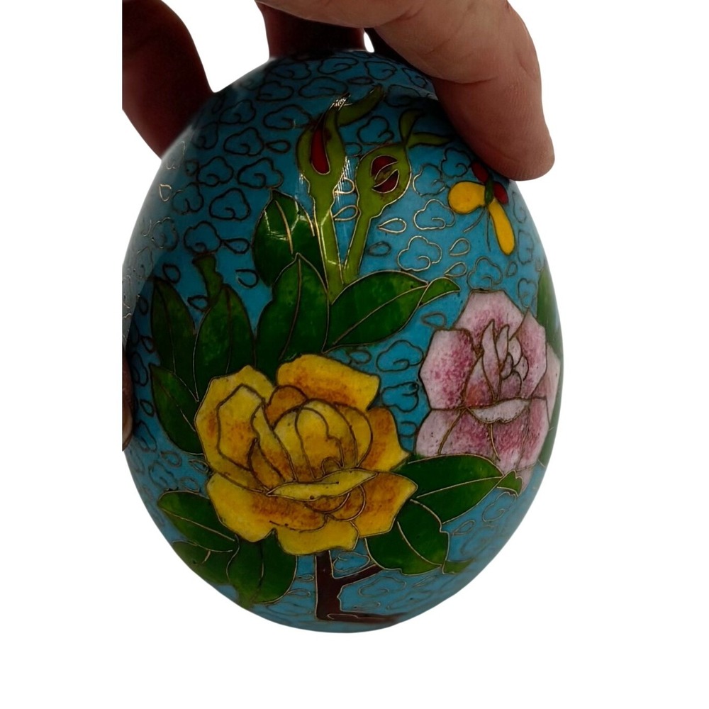 Vintage Cloisonne Enamel Egg Turquoise Blue Floral Rose Butterfly Chinese Art